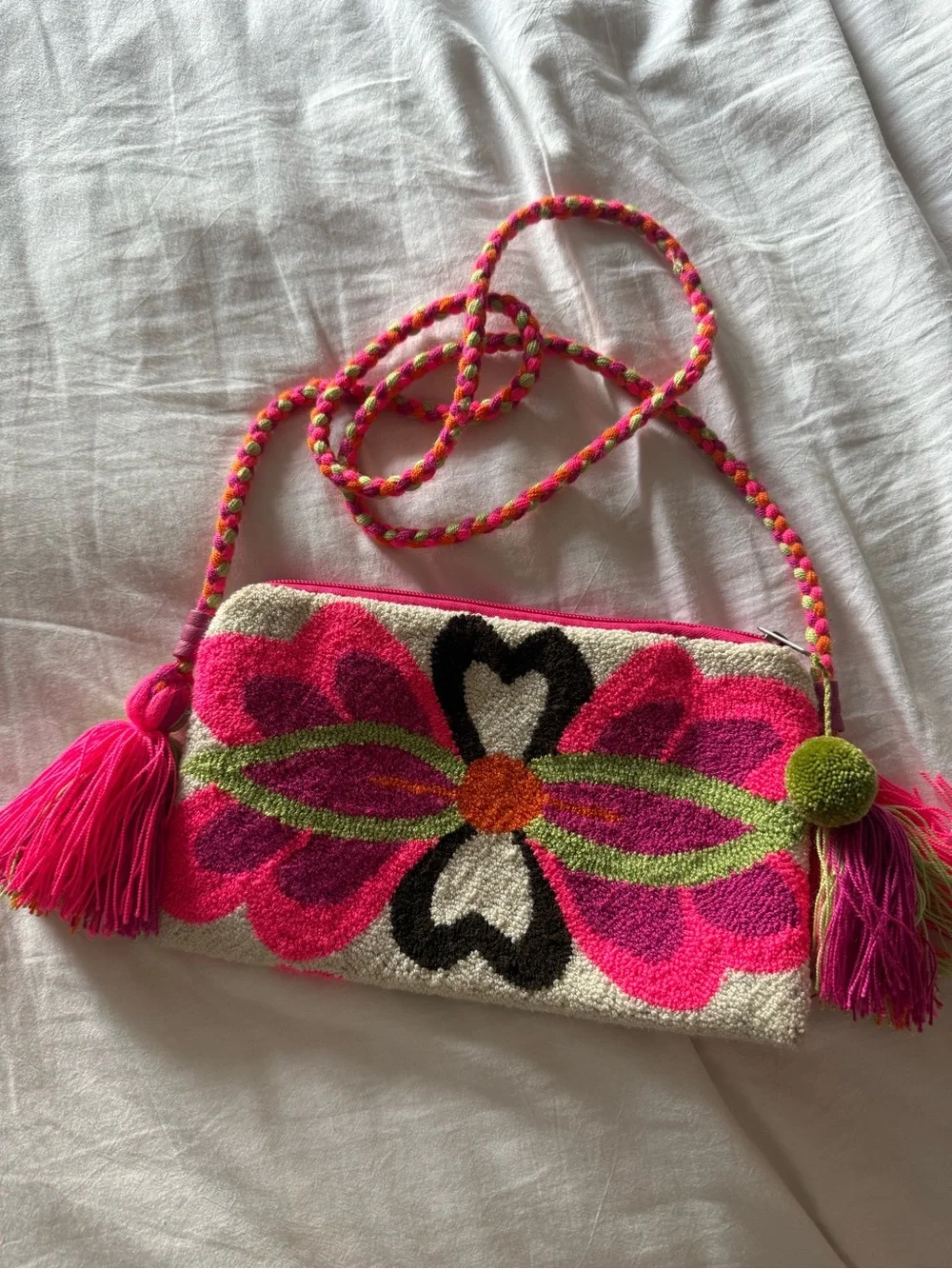 HANDMADE Pink Knit Floral Embroidered Crossbody Bag